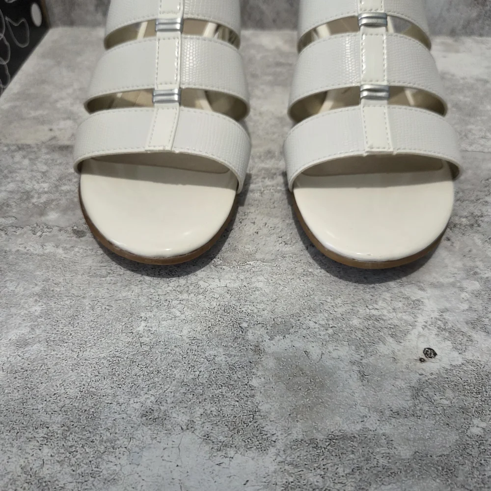 East 5th Cream Triple-Strap Low Block Heel Slide Sandals